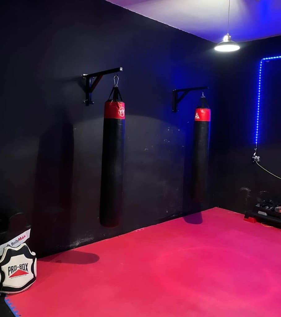 Boxing heavy bags on red mats at Big Dragons Gym